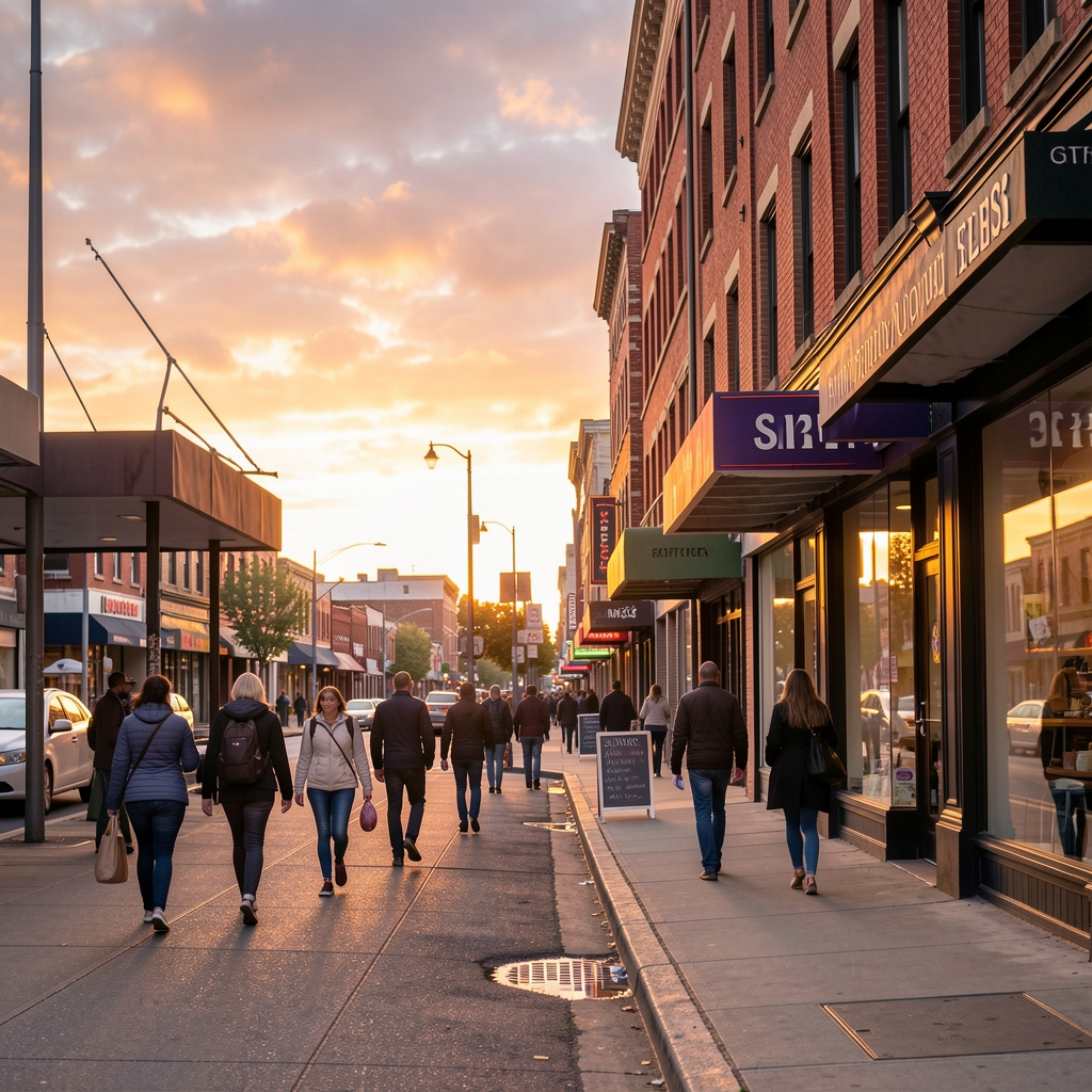 Avenida Corrientes de Buenos Aires al atardecer con peatones y marquesinas culturales
