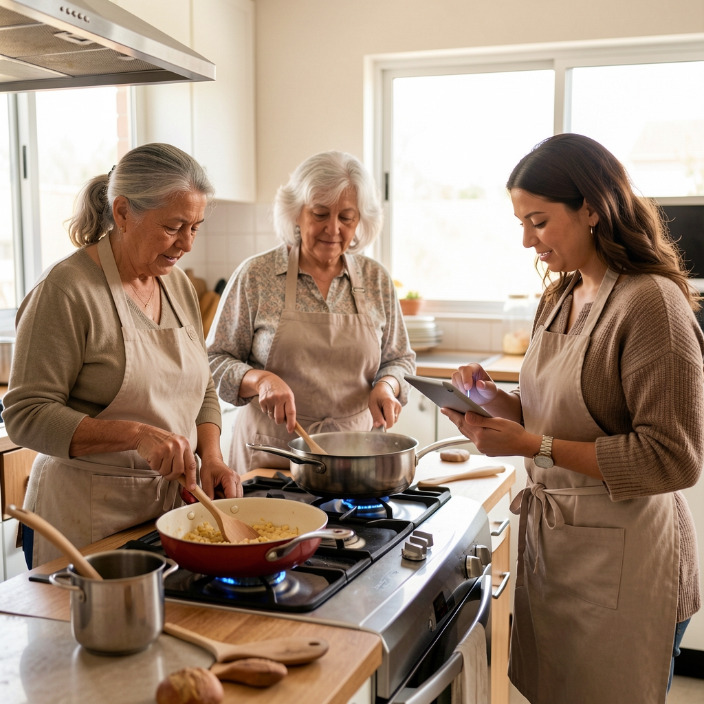 Tres generaciones argentinas cocinando juntas mientras una joven consulta una receta en una tableta