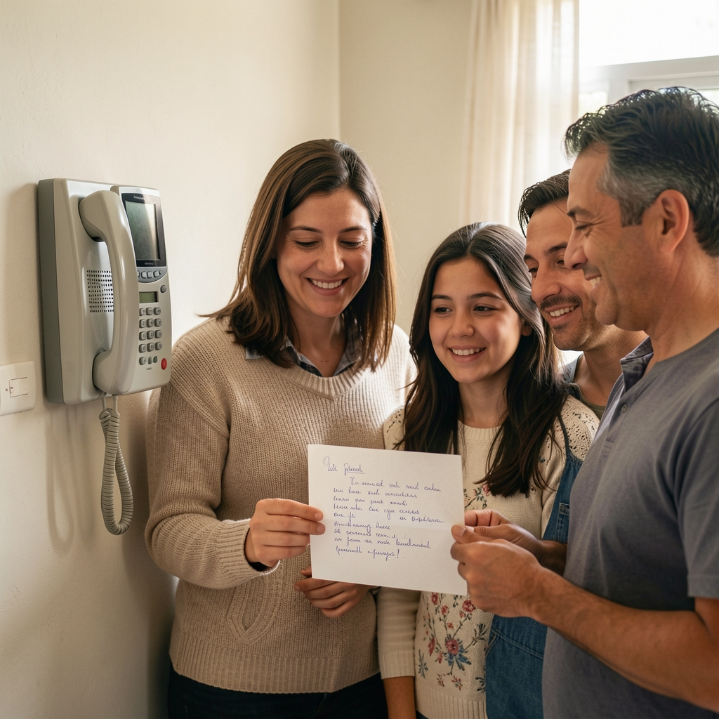 Familia argentina reunida alrededor de un teléfono fijo de pared mientras una persona sostiene una carta manuscrita