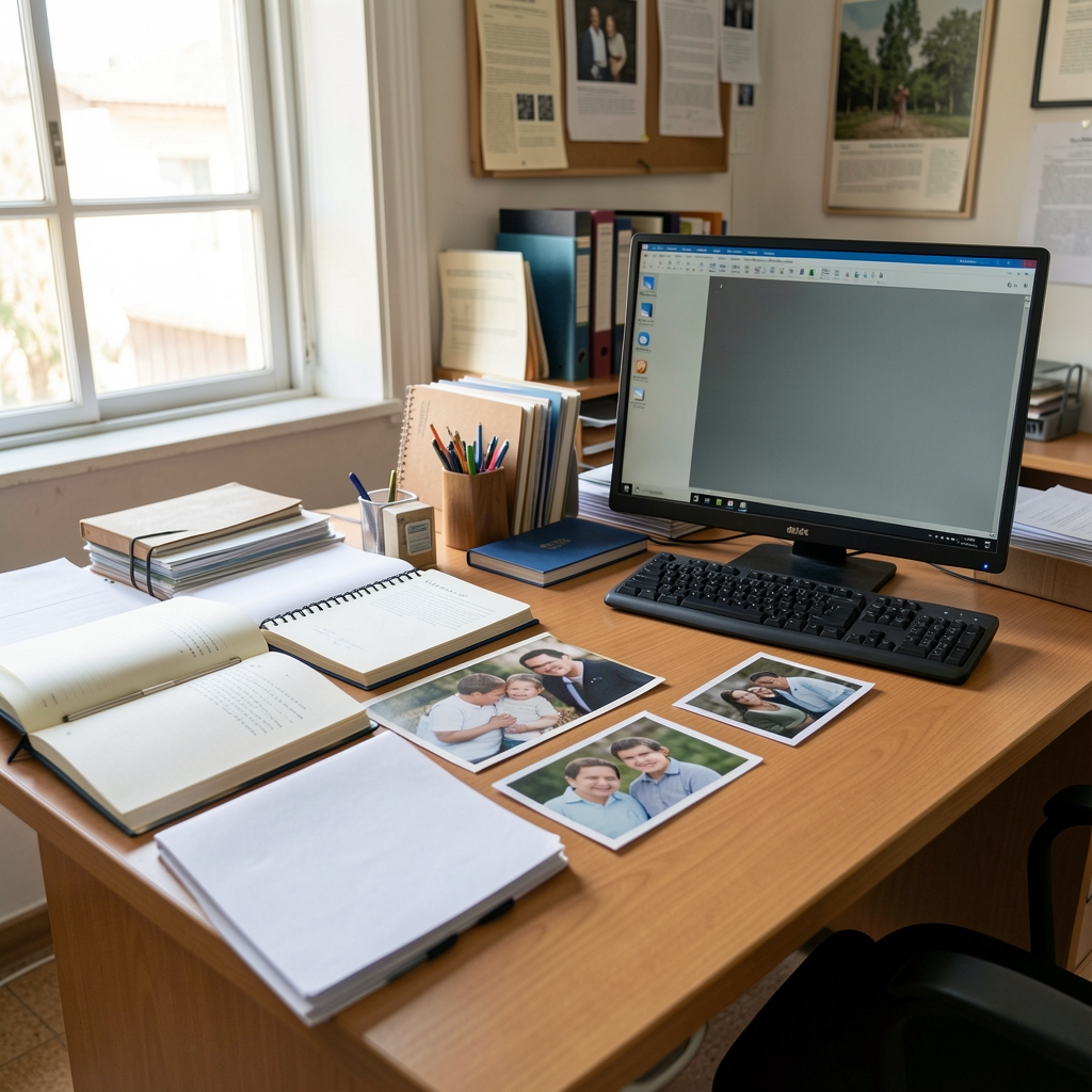 Mesa de investigación con cuadernos, fotografías familiares y una computadora en un archivo argentino