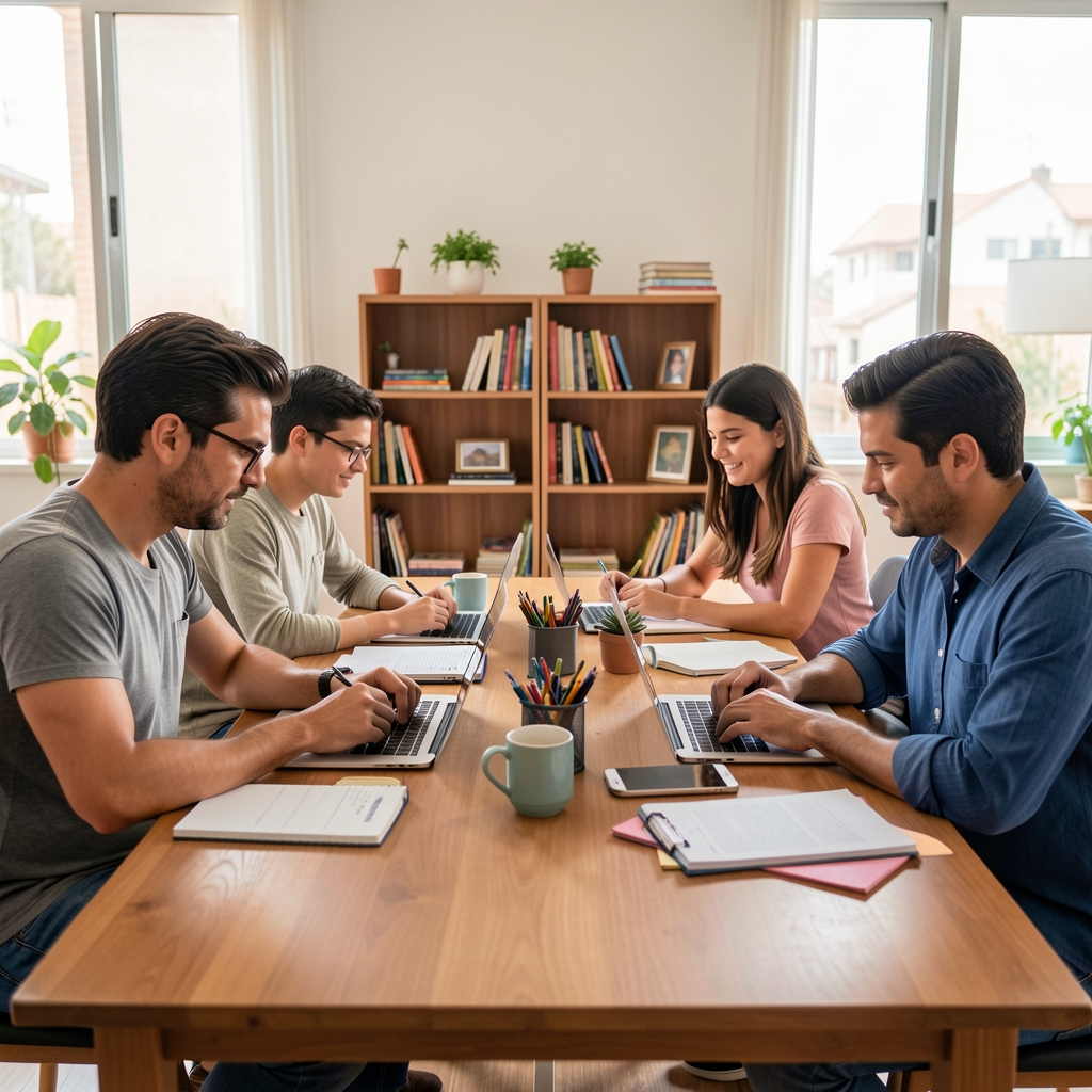 Familia argentina organizando horarios de trabajo y estudio alrededor de una mesa