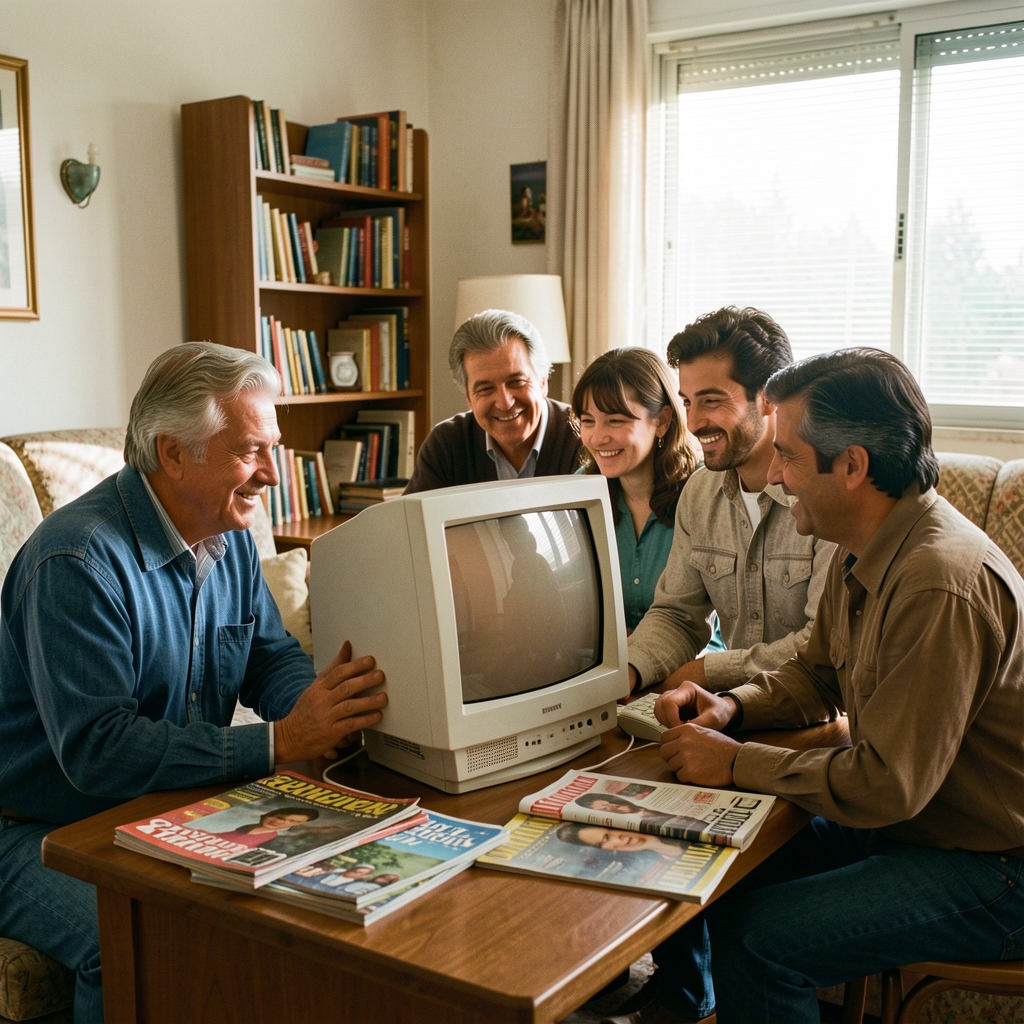 Grupo de argentinos de distintas edades compartiendo una computadora doméstica y revistas en los años noventa