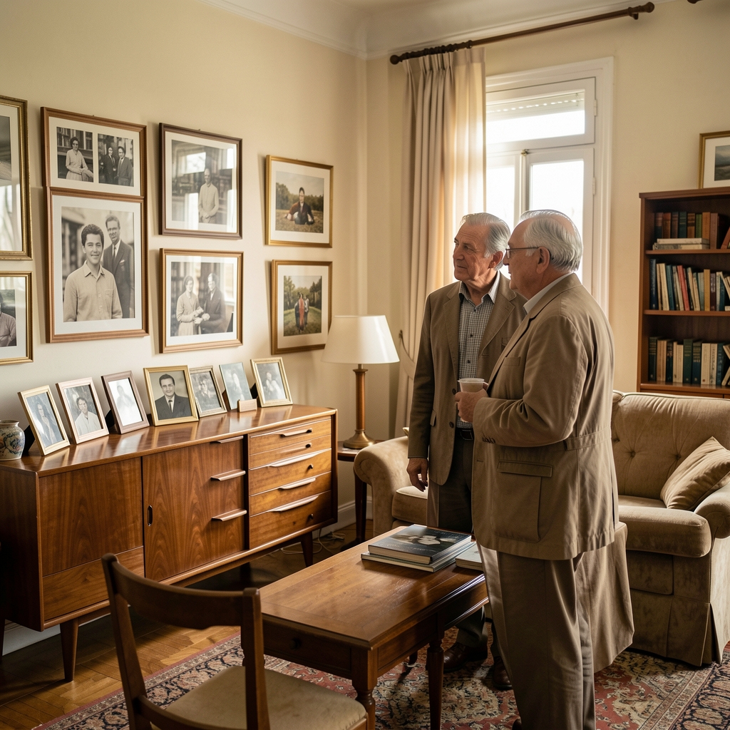 Pareja argentina mayor mirando fotografías de juventud en una sala con muebles de mediados del siglo veinte