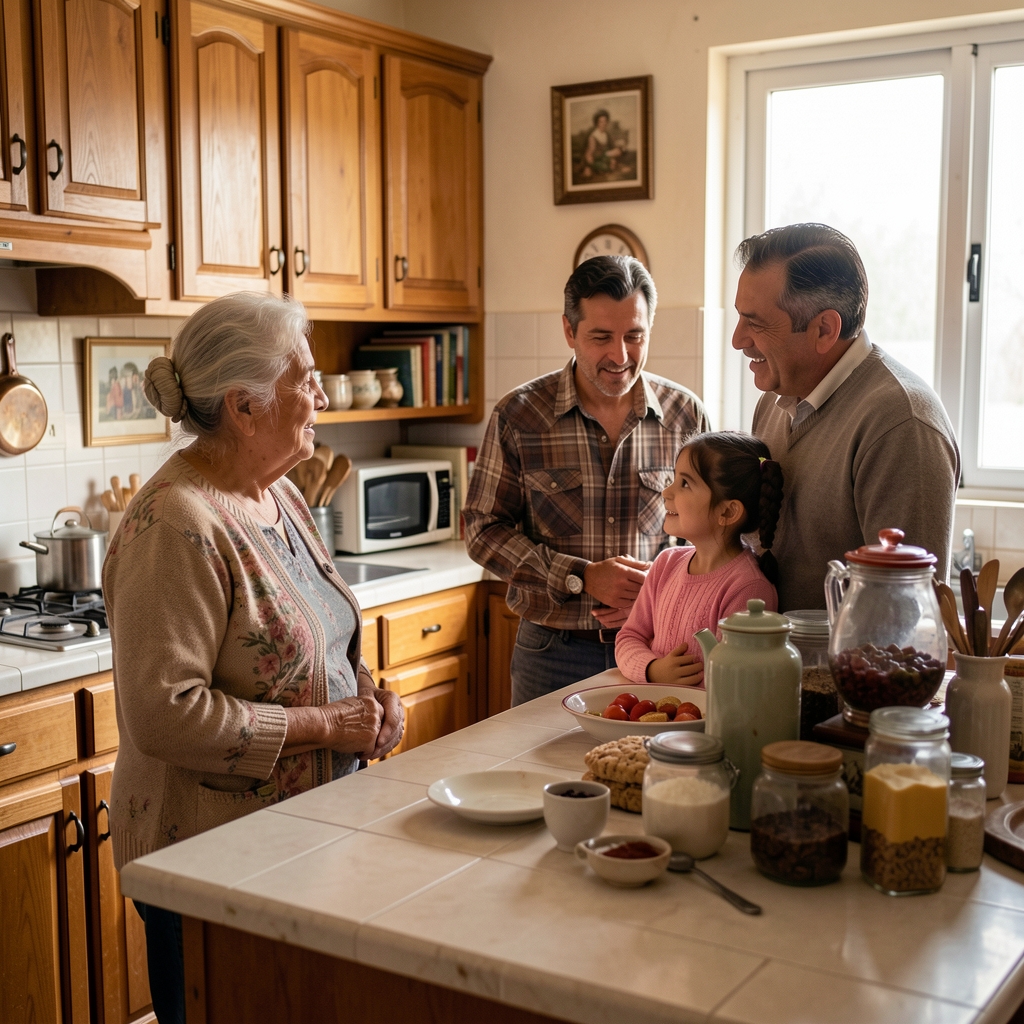 Abuela, padre y nieta argentinos conversando en una cocina familiar mientras observan objetos de distintas décadas