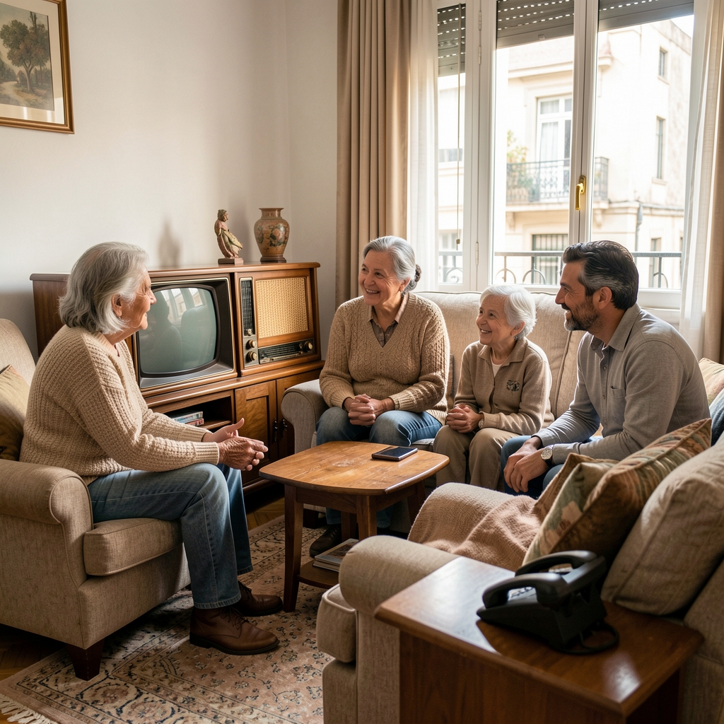 Familia argentina de tres generaciones conversando en un living porteño con un televisor antiguo, una radio de madera y un teléfono móvil contemporáneo