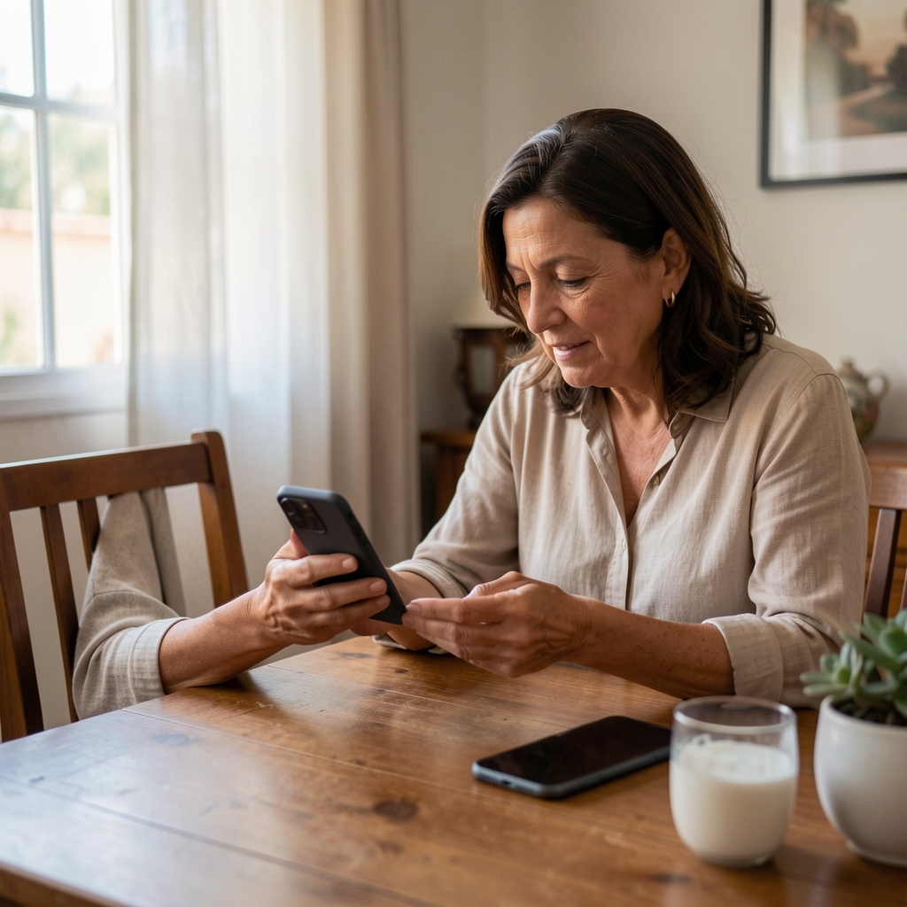 Mujer argentina mayor comparando un teléfono de disco con un smartphone junto a una mesa de comedor