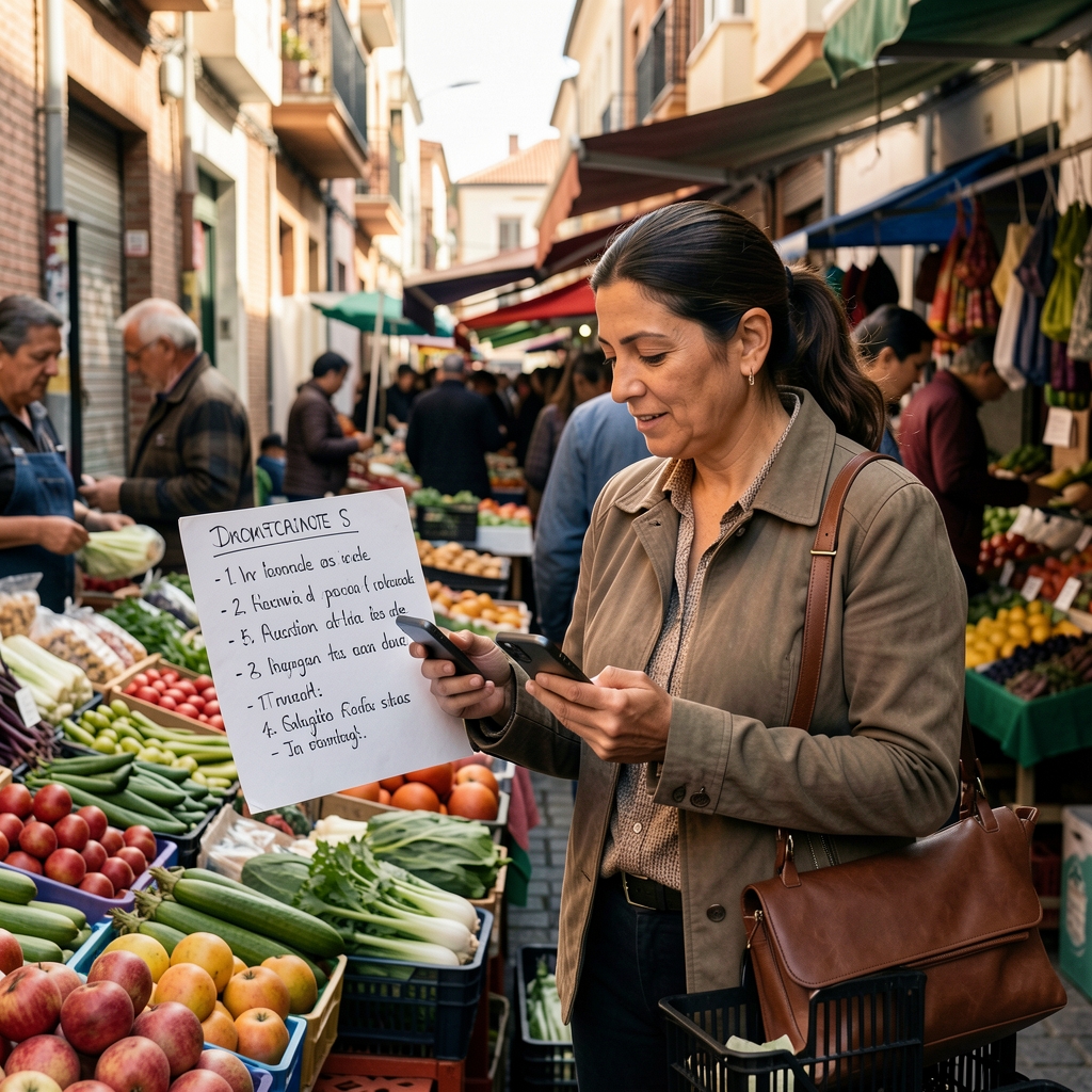 Persona argentina realizando compras en un mercado de barrio junto a una lista escrita a mano y un teléfono móvil