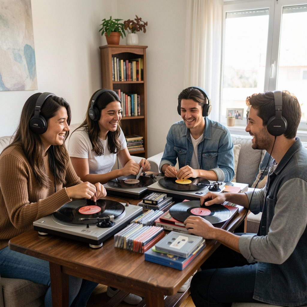 Jóvenes y adultos argentinos compartiendo vinilos, casetes y auriculares en una habitación