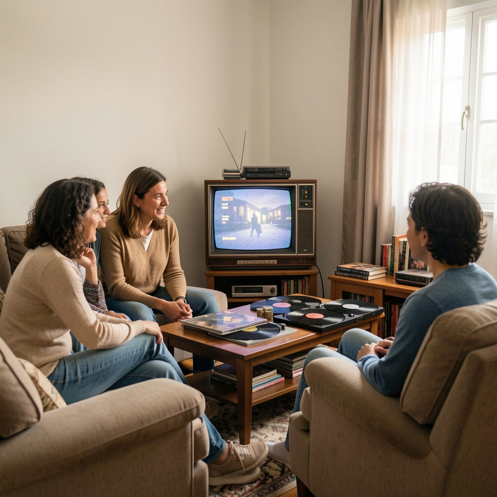 Familia argentina mirando una película en un living con televisor antiguo y discos sobre una mesa