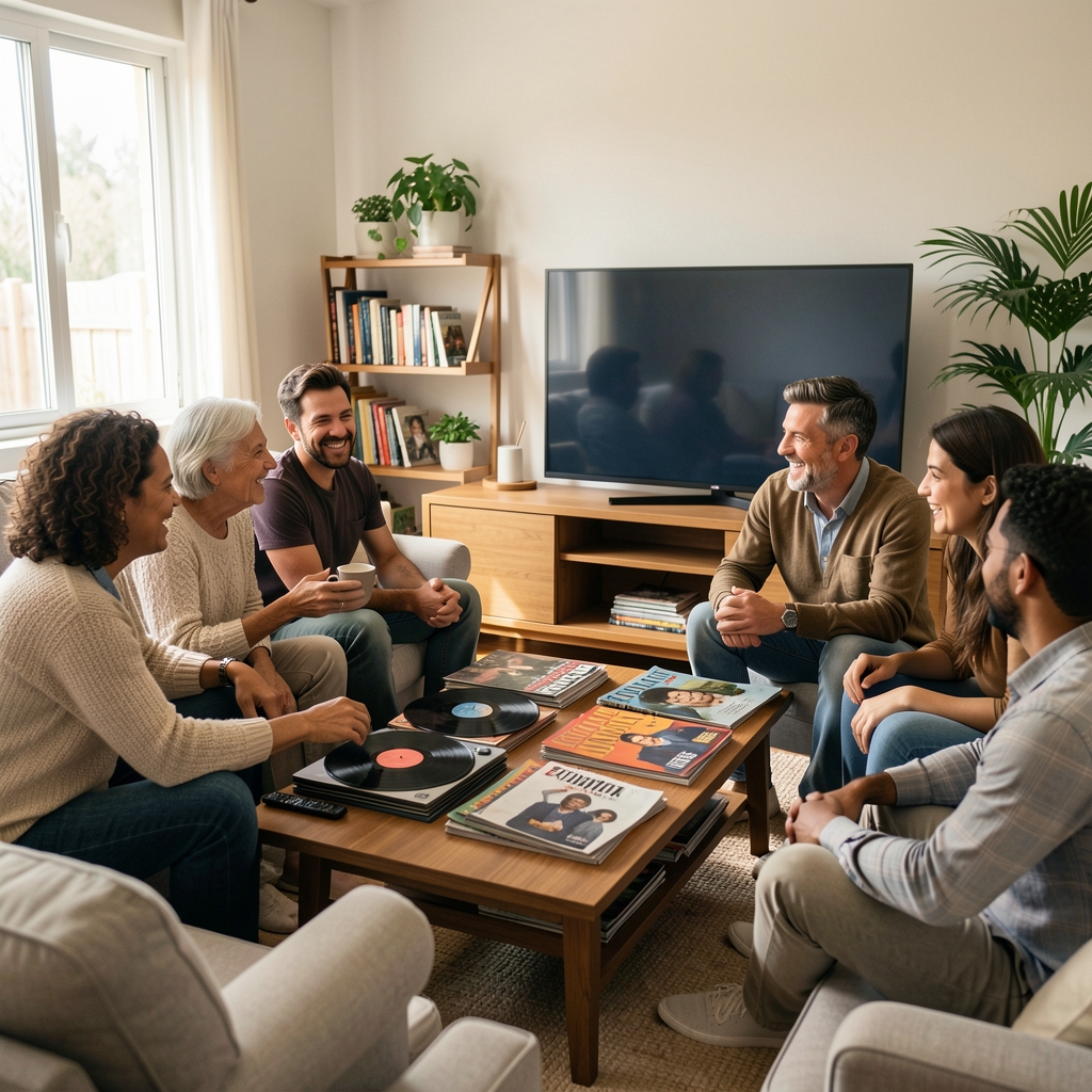 Grupo de amigos argentinos de varias edades compartiendo una tarde de ocio con discos, revistas y una pantalla moderna