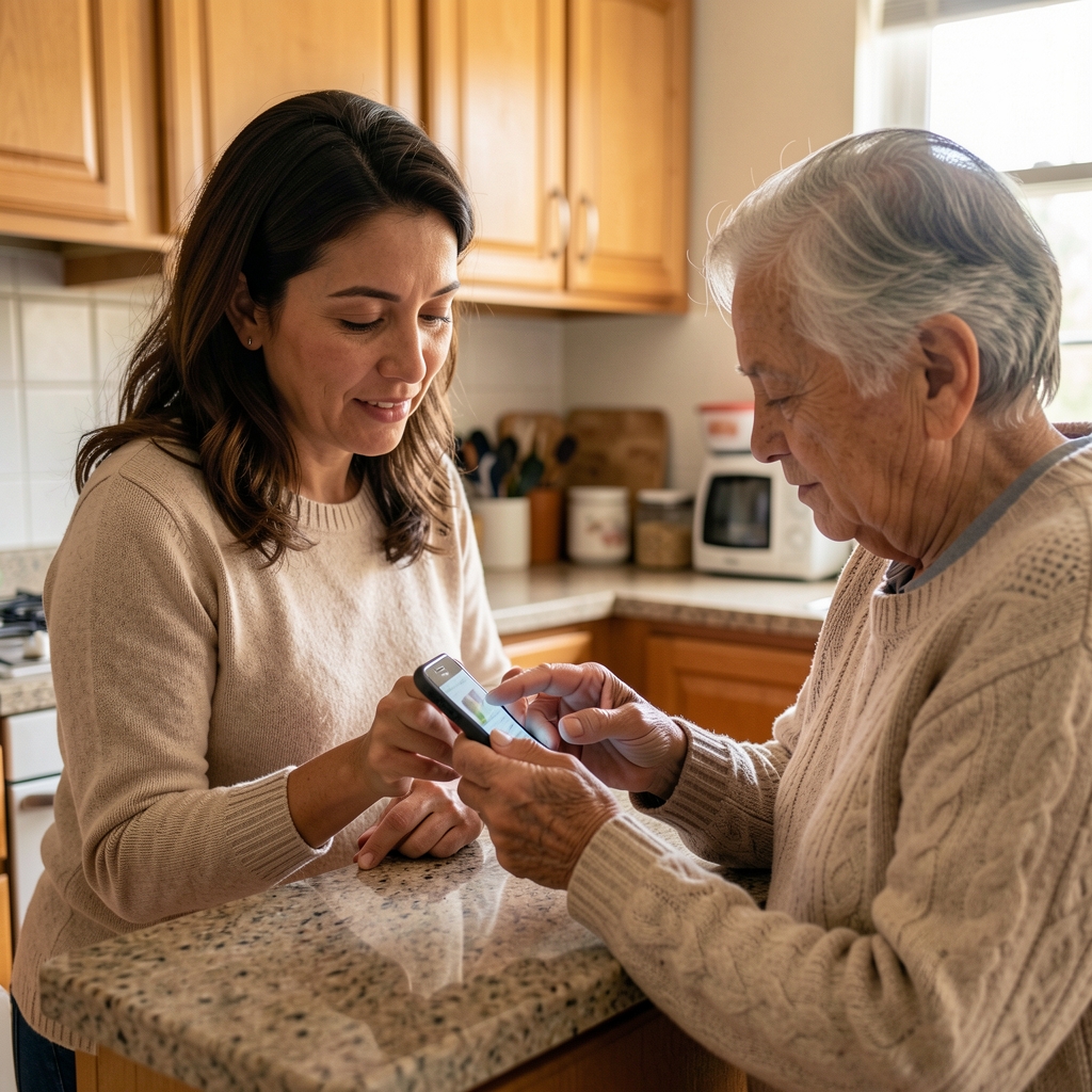 Mujer adulta argentina enseñando a una persona mayor a usar un teléfono inteligente en una cocina familiar
