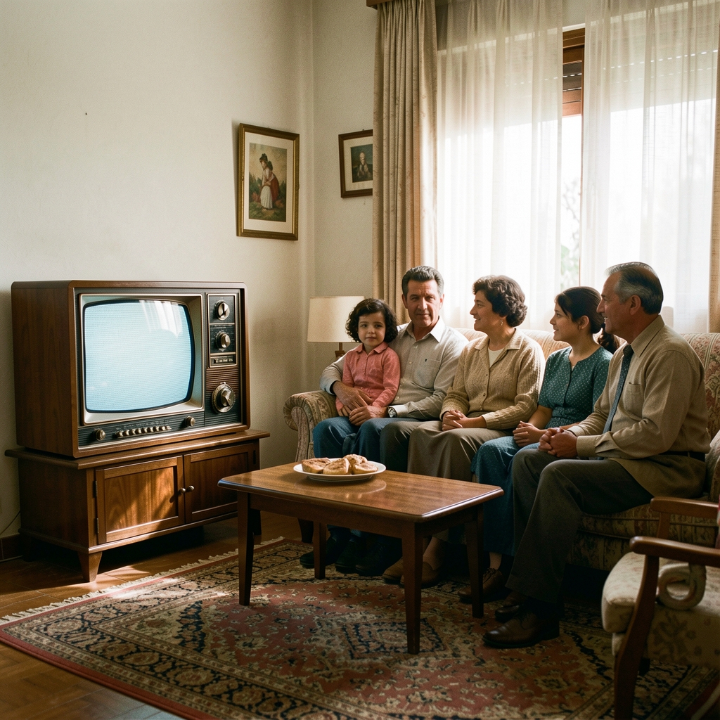 Sala argentina de los años setenta con radio de madera, televisor de tubo y familia reunida