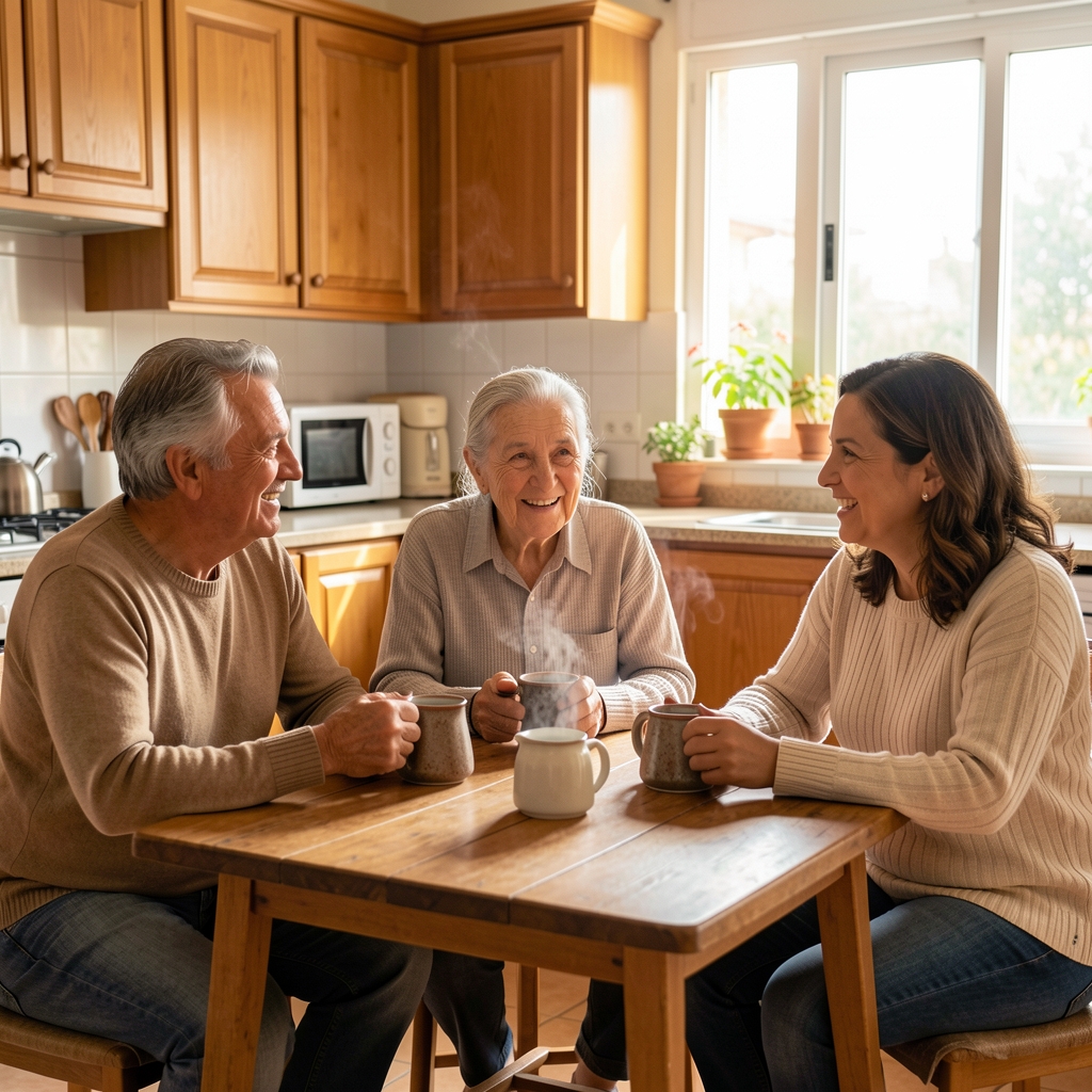 Familia argentina de tres generaciones compartiendo mate y conversación en una cocina luminosa