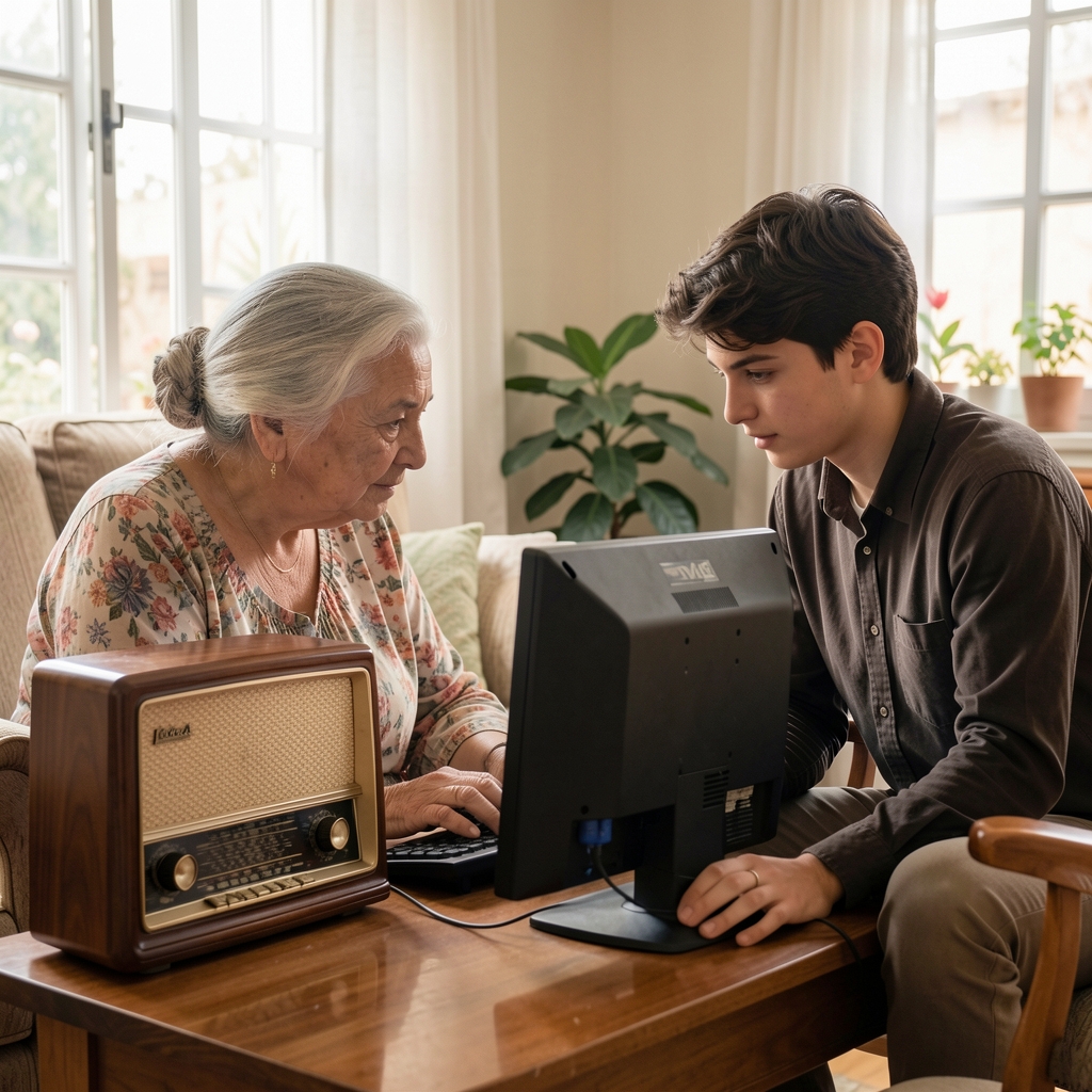 Mujer mayor argentina junto a una radio de época y un joven observando una computadora doméstica en una sala luminosa