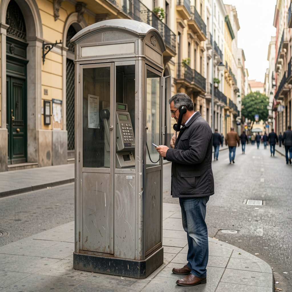 Teléfono público antiguo en una calle argentina con una persona esperando su turno para llamar