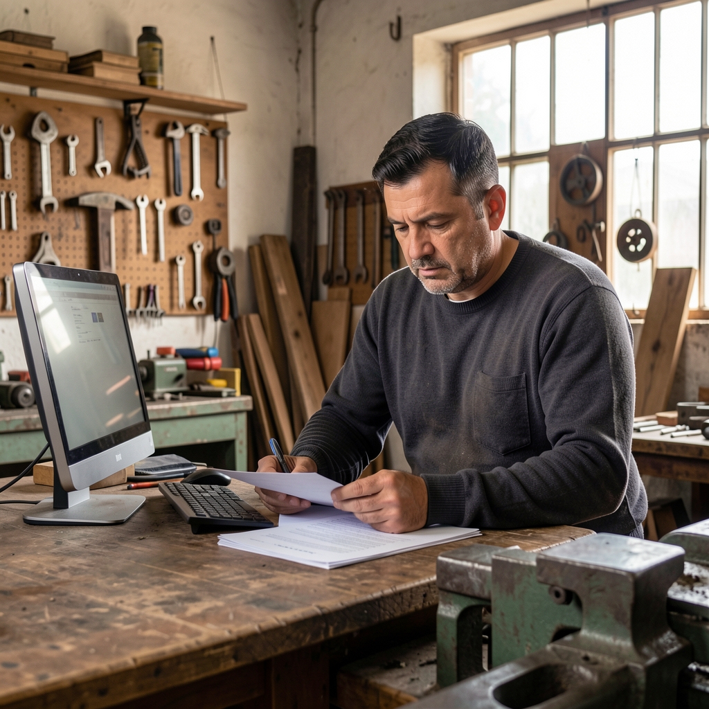 Trabajador argentino revisando papeles en un taller tradicional junto a una computadora moderna